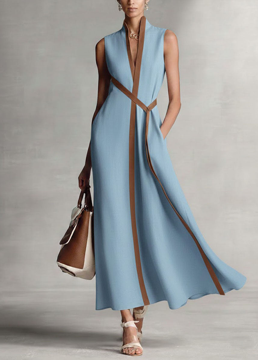 Loose Blue Stand Collar Patchwork Cotton Maxi Dress Sleeveless