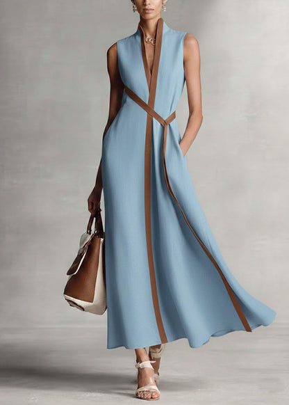 Loose Blue Stand Collar Patchwork Cotton Maxi Dress Sleeveless