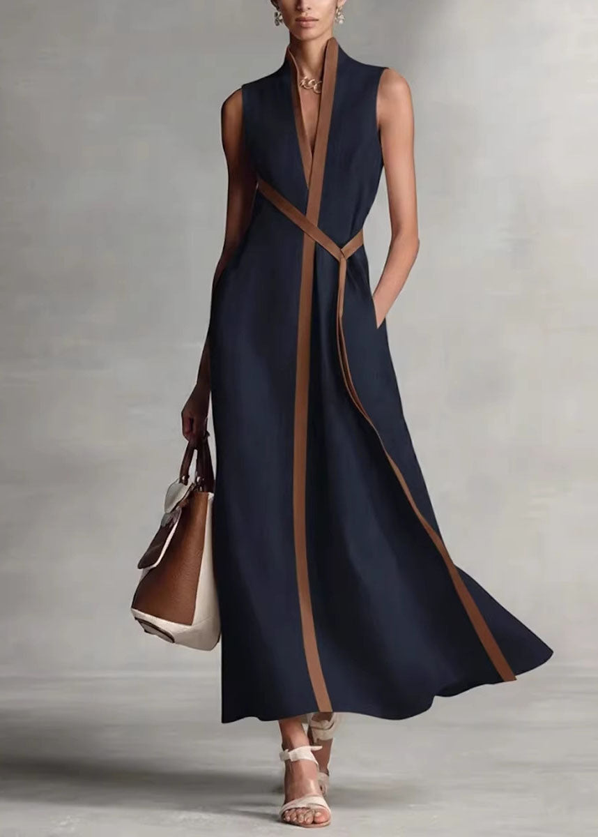 Loose Blue Stand Collar Patchwork Cotton Maxi Dress Sleeveless