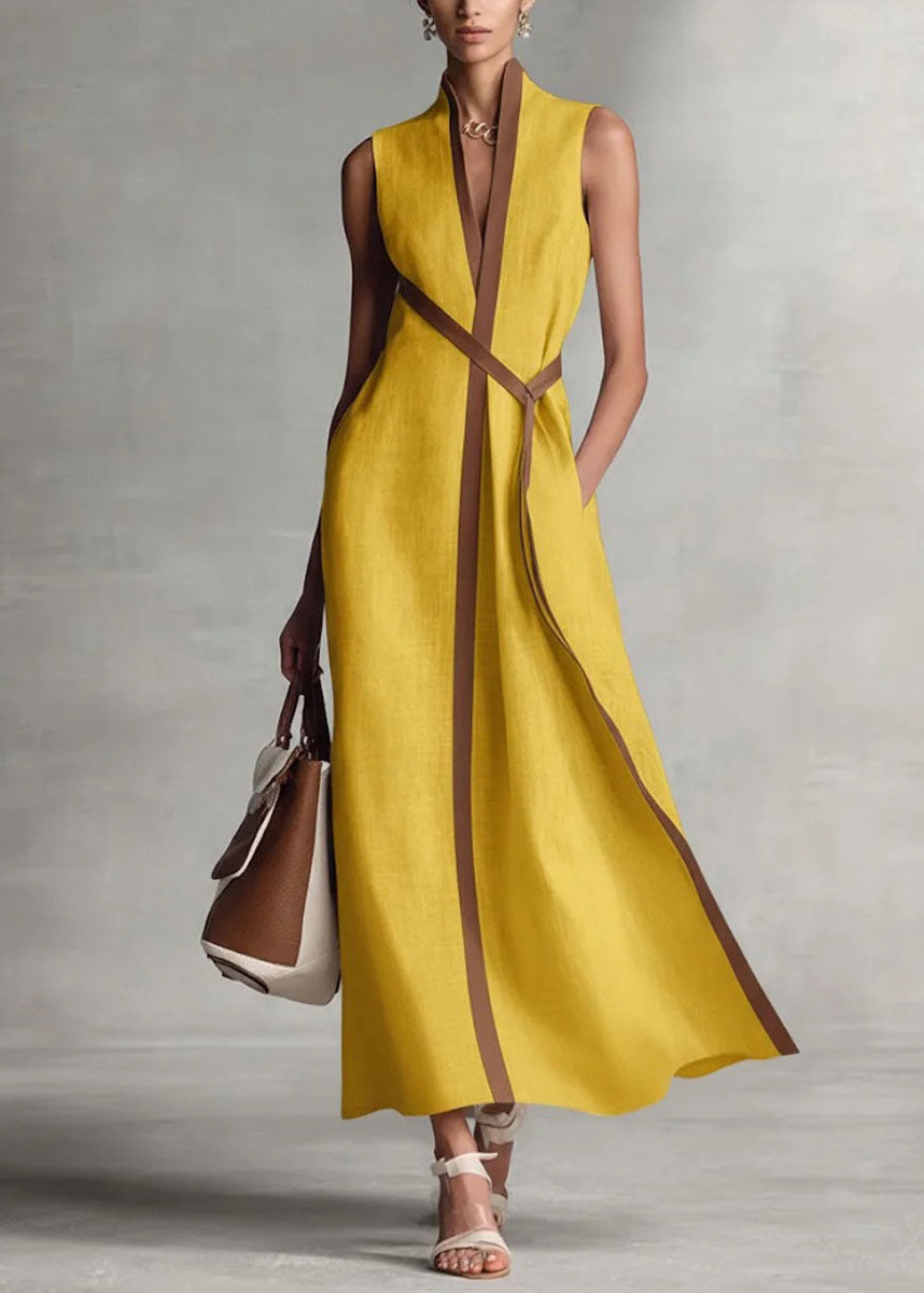 Loose Blue Stand Collar Patchwork Cotton Maxi Dress Sleeveless