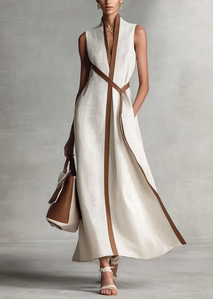 Loose Blue Stand Collar Patchwork Cotton Maxi Dress Sleeveless