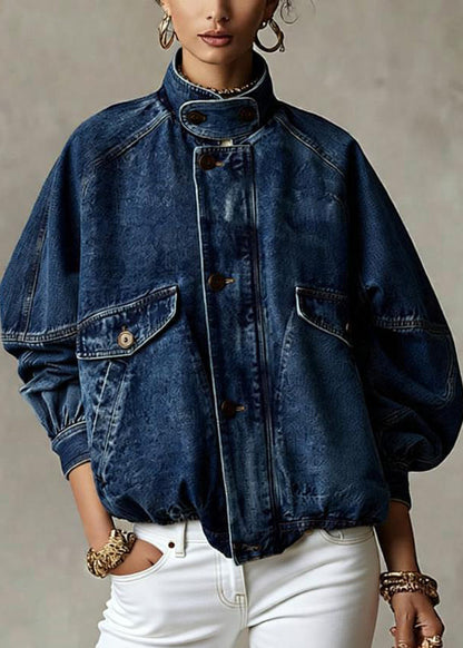 Loose Blue Stand Collar Pockets Denim Jacket Spring
