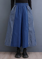 Loose Blue Striped Elastic Waist Denim Wide Leg Pants Fall