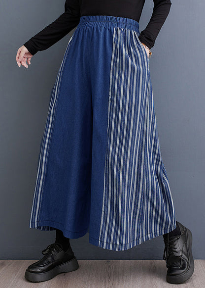 Loose Blue Striped Elastic Waist Denim Wide Leg Pants Fall