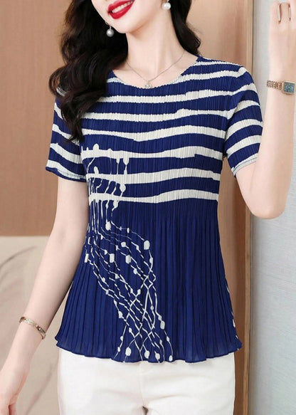 Loose Blue Striped O-Neck T Shirt Short Sleeve