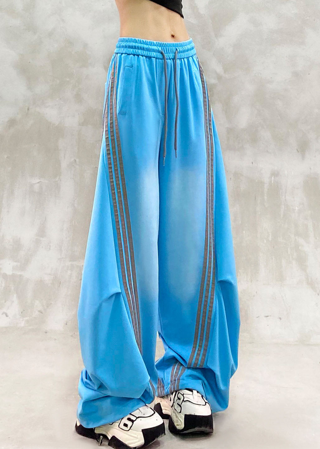 Loose Blue Striped Patchwork Wrinkled Straight Pants Fall