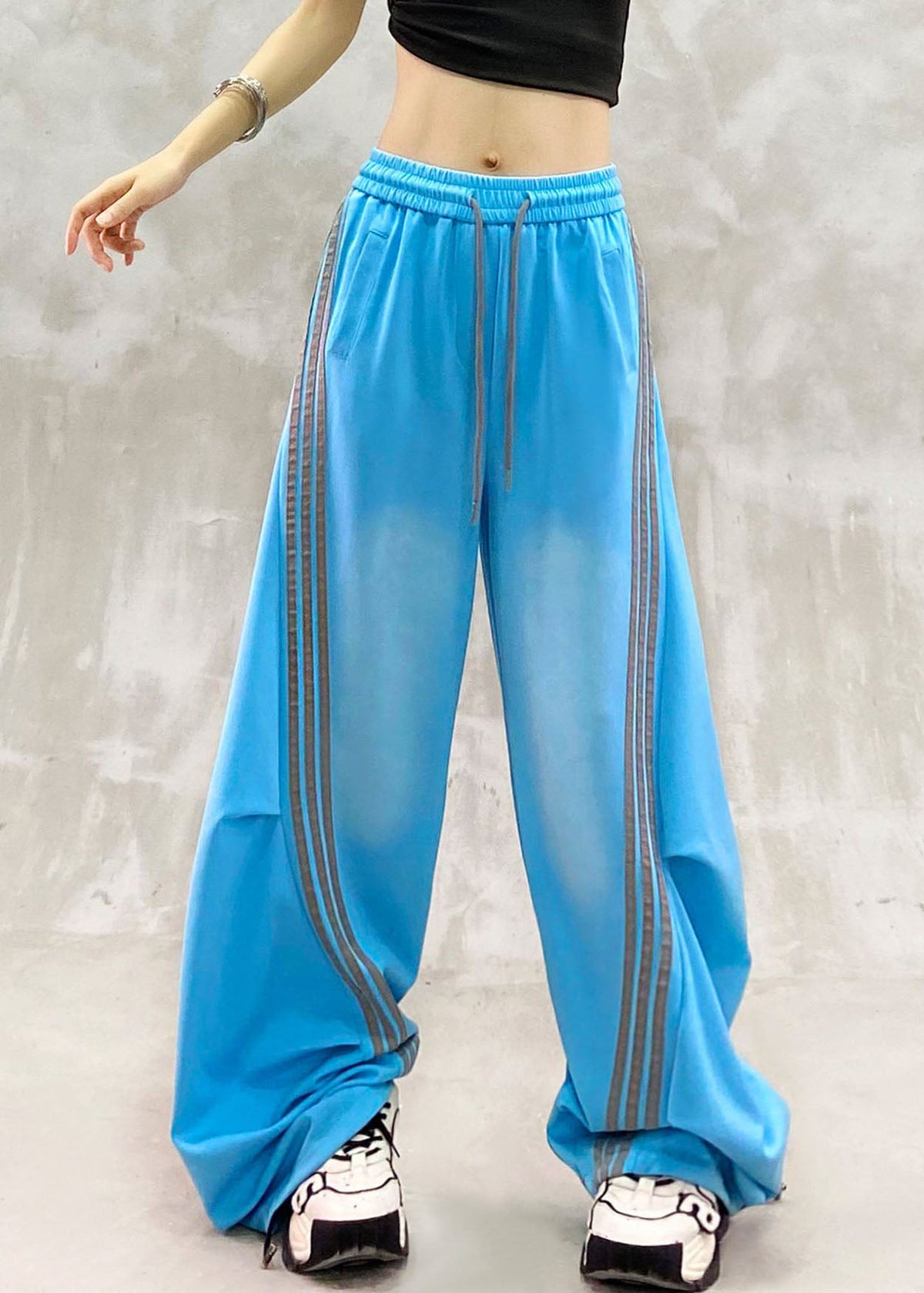 Loose Blue Striped Patchwork Wrinkled Straight Pants Fall