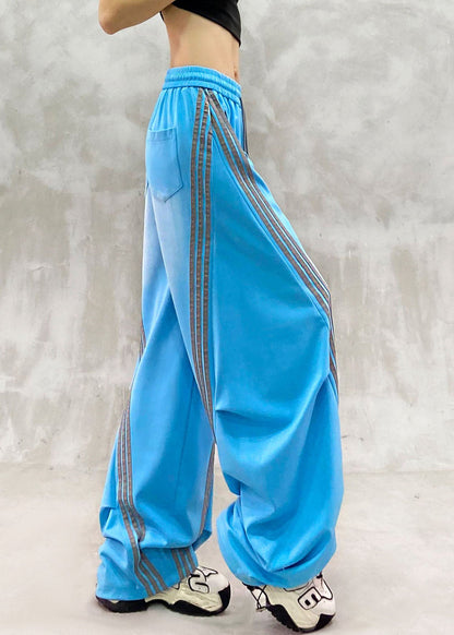 Loose Blue Striped Patchwork Wrinkled Straight Pants Fall