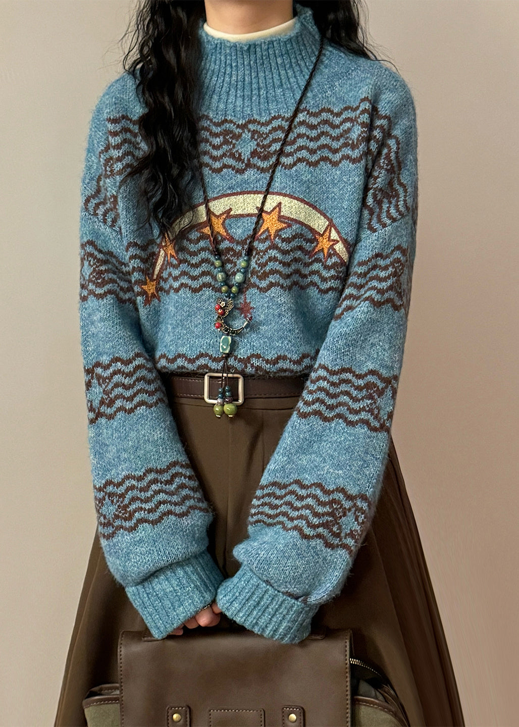 Loose Blue Striped Stars Knit Sweaters Winter