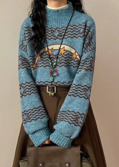 Loose Blue Striped Stars Knit Sweaters Winter