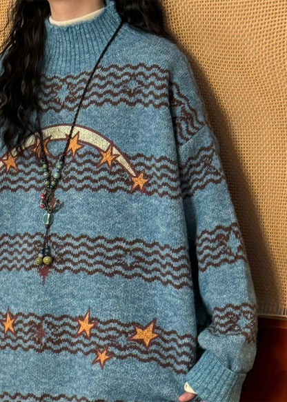Loose Blue Striped Stars Knit Sweaters Winter