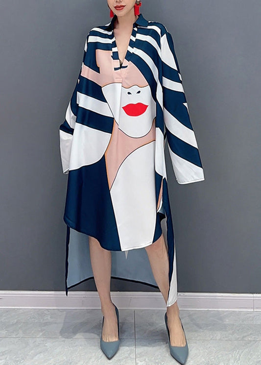 Loose Blue Striped V Neck Low High Design Maxi Dresses Fall