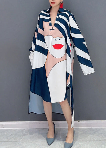 Loose Blue Striped V Neck Low High Design Maxi Dresses Fall