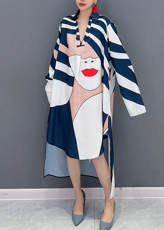 Loose Blue Striped V Neck Low High Design Maxi Dresses Fall