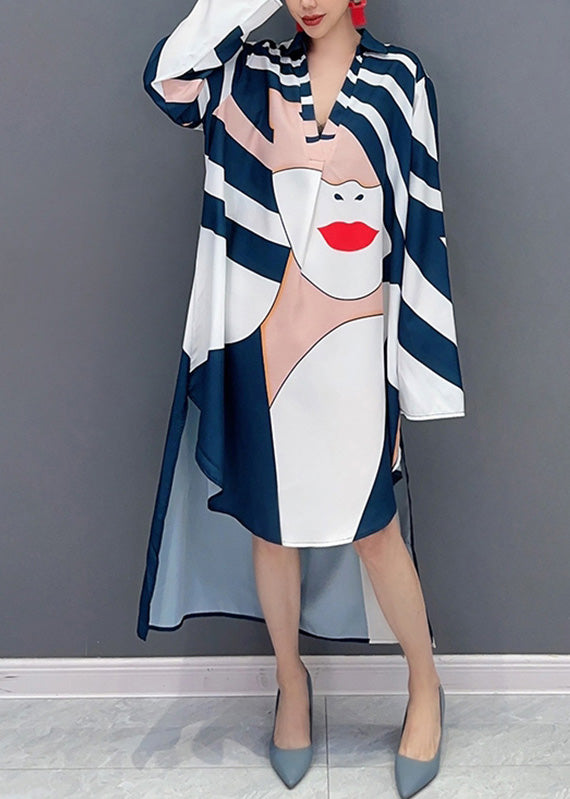 Loose Blue Striped V Neck Low High Design Maxi Dresses Fall