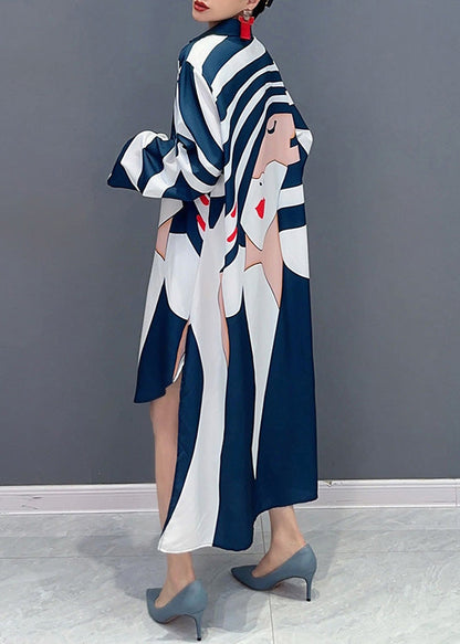 Loose Blue Striped V Neck Low High Design Maxi Dresses Fall