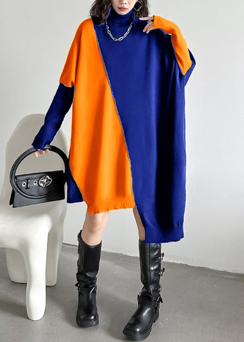 Loose Blue Turtleneck Cozy Patchwork Knit Dress Batwing Sleeve