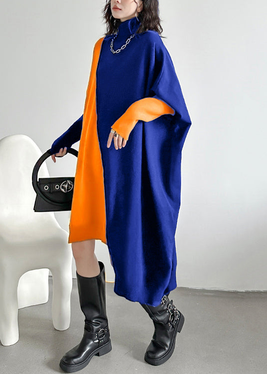 Loose Blue Turtleneck Cozy Patchwork Knit Dress Batwing Sleeve