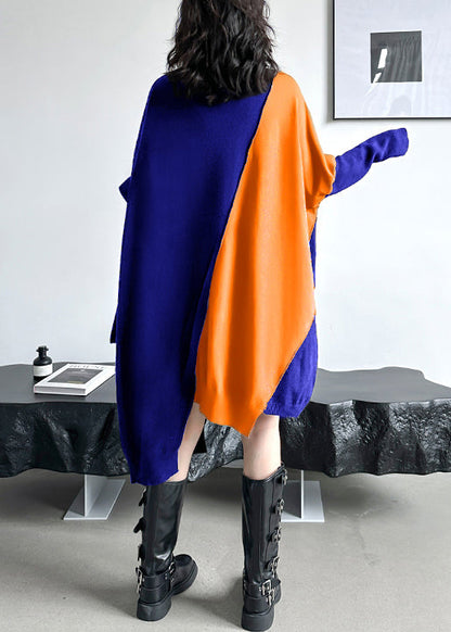 Loose Blue Turtleneck Cozy Patchwork Knit Dress Batwing Sleeve