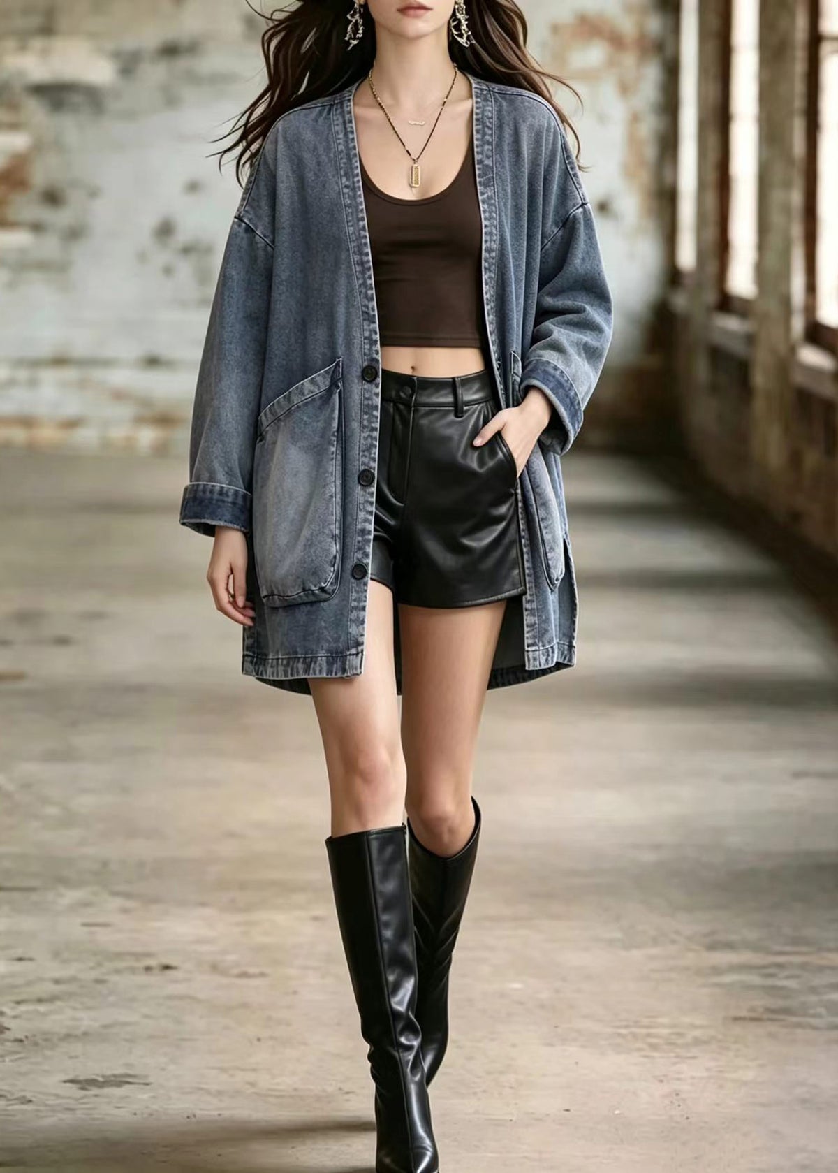 Loose Blue V Neck Big Pockets Side Open Denim Coats Fall