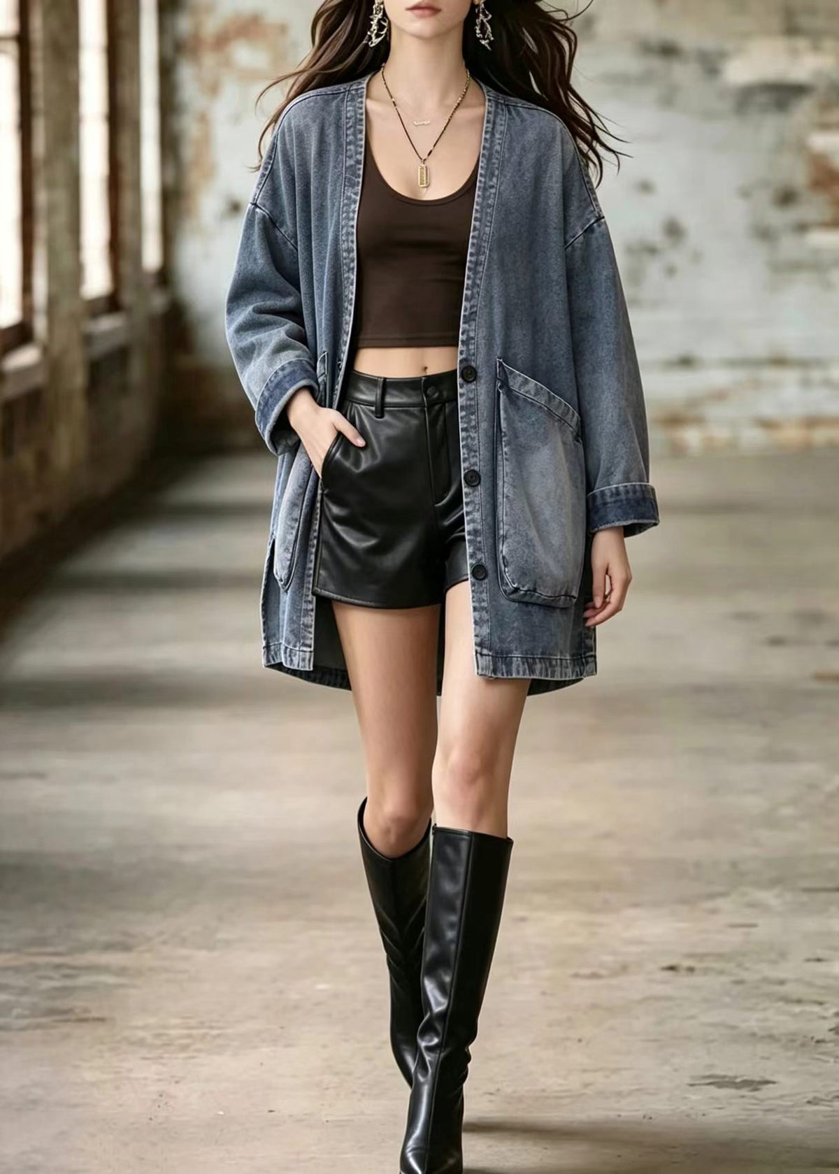 Loose Blue V Neck Big Pockets Side Open Denim Coats Fall