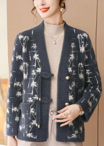 Loose Blue V Neck Button Mink Hair Knitted Coat Fall