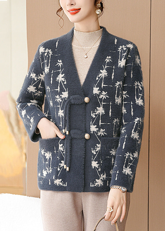 Loose Blue V Neck Button Mink Hair Knitted Coat Fall