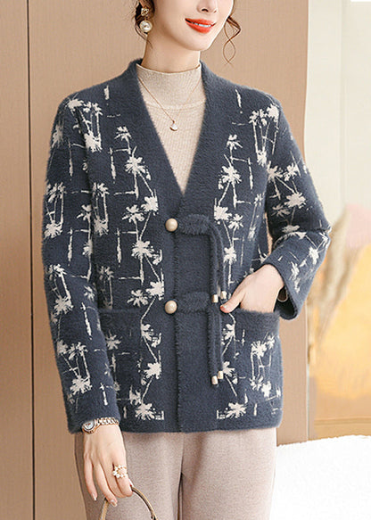 Loose Blue V Neck Button Mink Hair Knitted Coat Fall