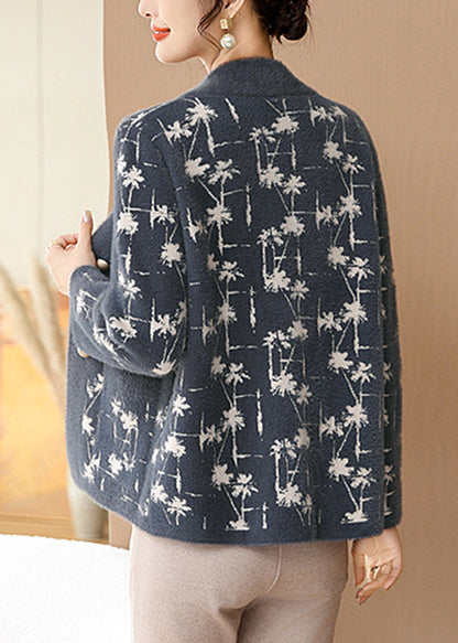 Loose Blue V Neck Button Mink Hair Knitted Coat Fall