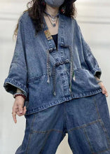 Load image into Gallery viewer, Loose Blue V Neck Button Patchwork Denim Coats Long Sleeve