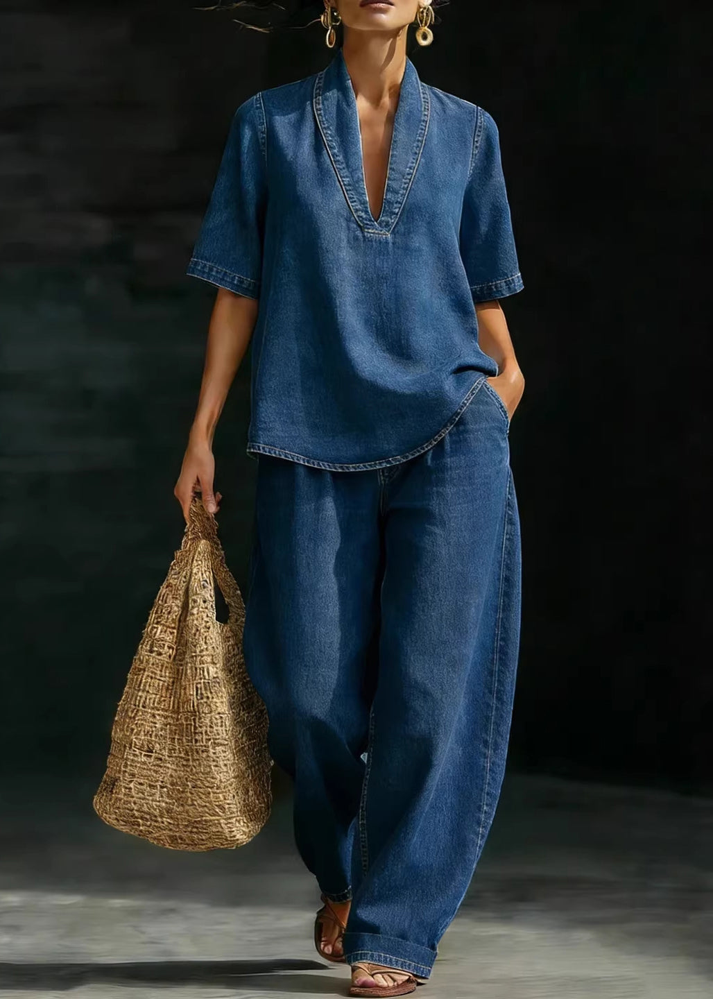 Loose Blue V Neck Denim Two Pieces Set Summer