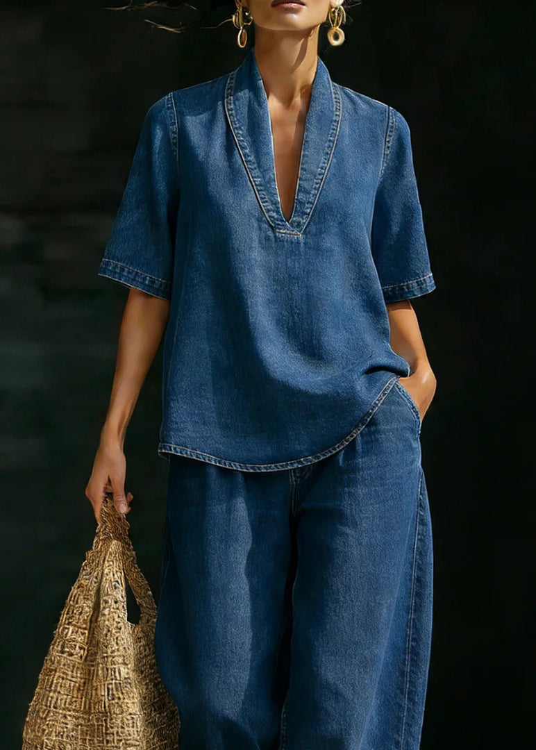 Loose Blue V Neck Denim Two Pieces Set Summer