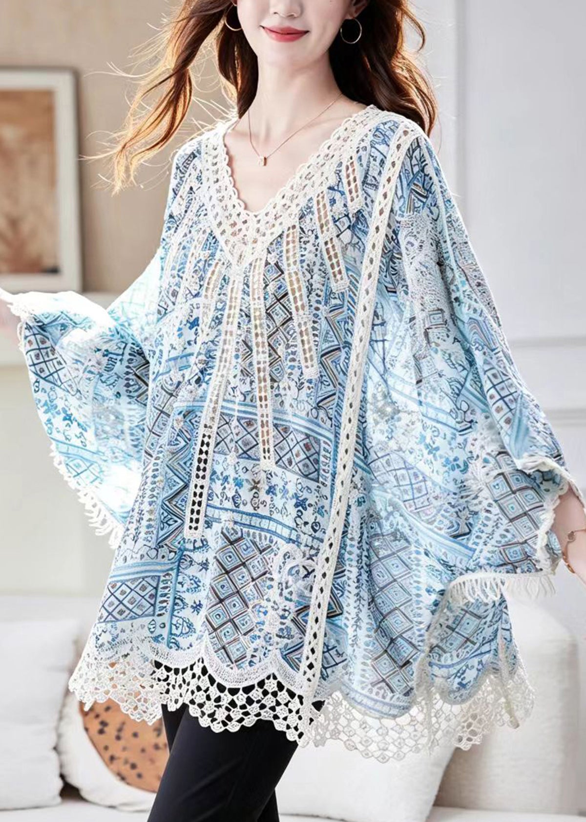 Loose Blue V Neck Hollow Out Nail Bead Print Shirt Top Batwing Sleeve