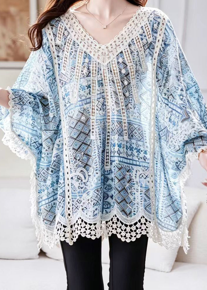 Loose Blue V Neck Hollow Out Nail Bead Print Shirt Top Batwing Sleeve