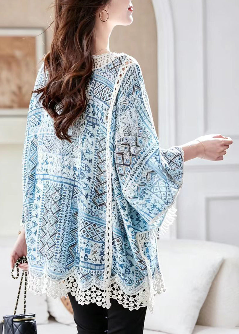 Loose Blue V Neck Hollow Out Nail Bead Print Shirt Top Batwing Sleeve