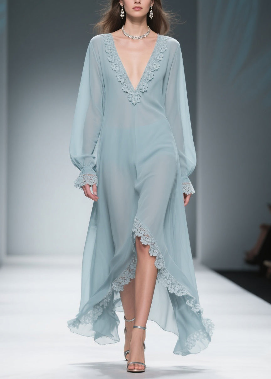 Loose Blue V Neck Lace Chiffon Dresses Flare Sleeve