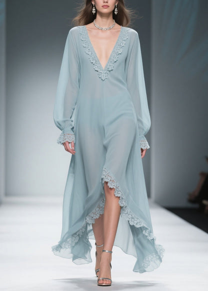 Loose Blue V Neck Lace Chiffon Dresses Flare Sleeve