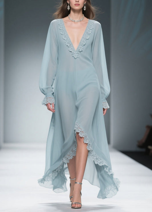 Loose Blue V Neck Lace Chiffon Dresses Flare Sleeve