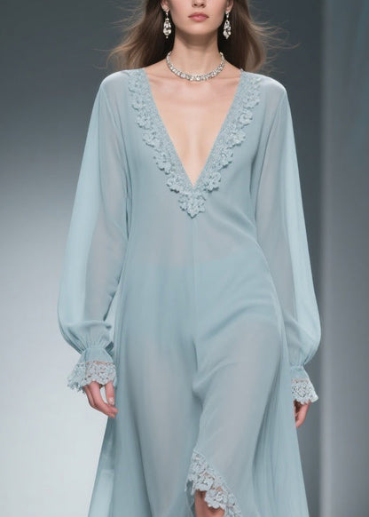 Loose Blue V Neck Lace Chiffon Dresses Flare Sleeve