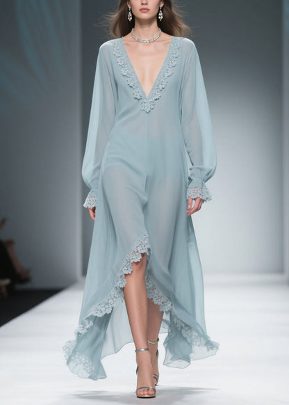 Loose Blue V Neck Lace Chiffon Dresses Flare Sleeve