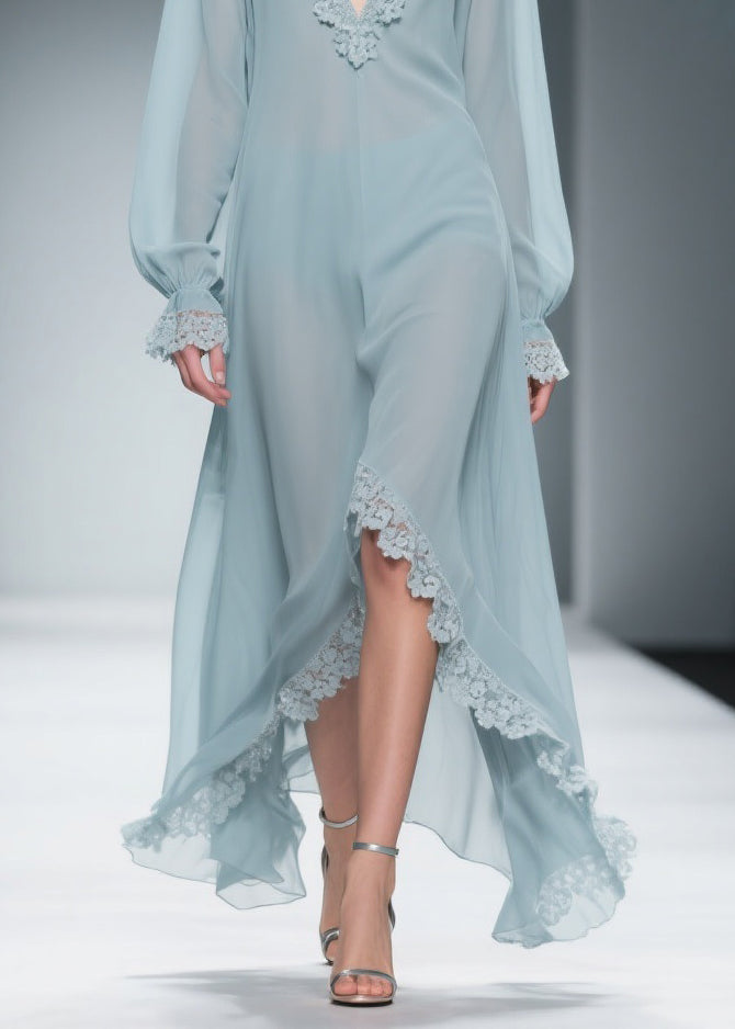 Loose Blue V Neck Lace Chiffon Dresses Flare Sleeve