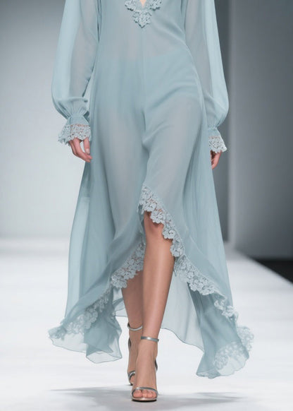 Loose Blue V Neck Lace Chiffon Dresses Flare Sleeve