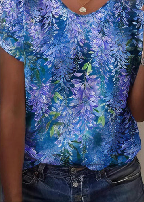 Loose Blue V Neck Print Cotton T Shirts Summer