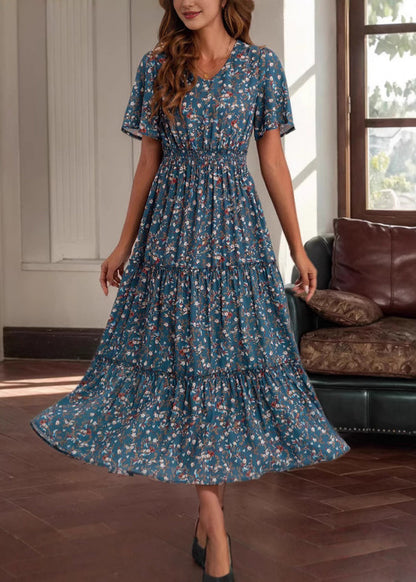 Loose Blue V Neck Print High Waist Cotton Long Dress Summer