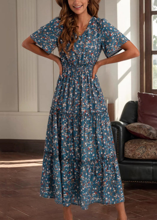 Loose Blue V Neck Print High Waist Cotton Long Dress Summer