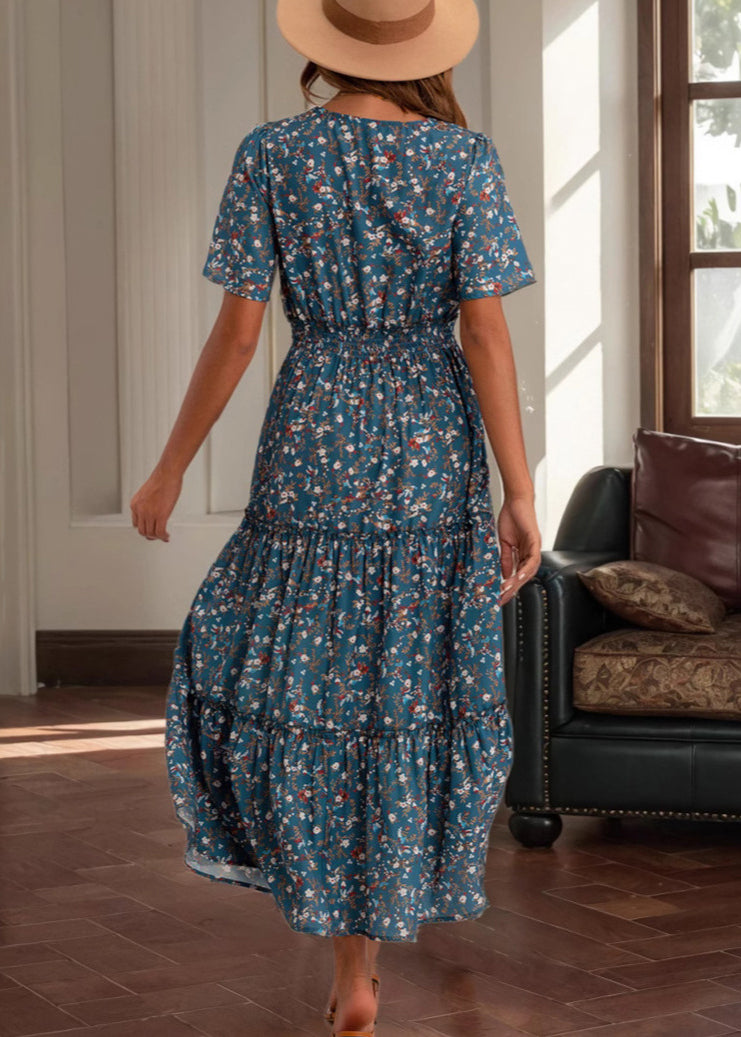 Loose Blue V Neck Print High Waist Cotton Long Dress Summer