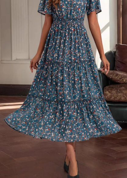 Loose Blue V Neck Print High Waist Cotton Long Dress Summer