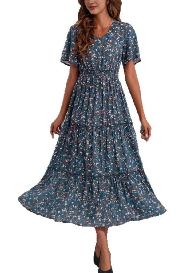 Loose Blue V Neck Print High Waist Cotton Long Dress Summer