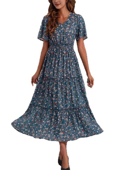 Loose Blue V Neck Print High Waist Cotton Long Dress Summer