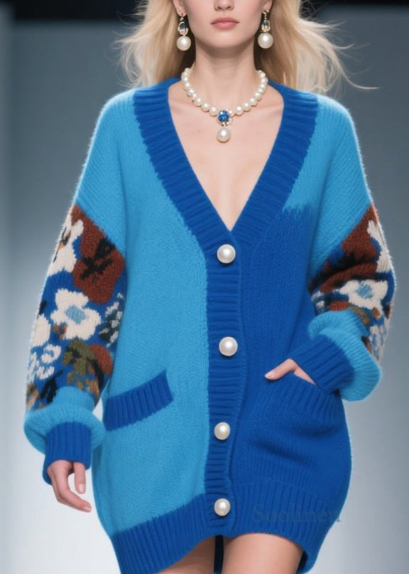 Loose Blue V Neck Print Pockets Button Knit Cardigan Fall